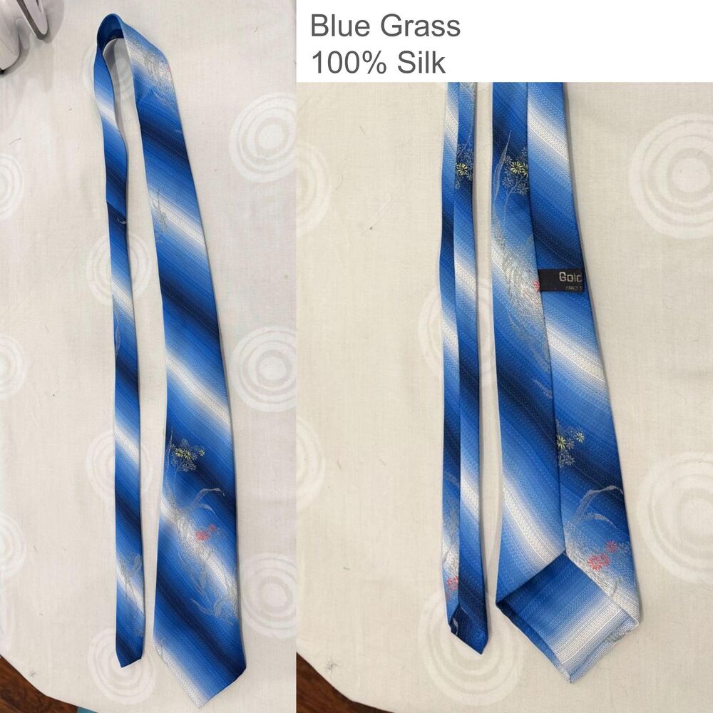 100% Silk Vintage Asian Neckties, Blue Grass